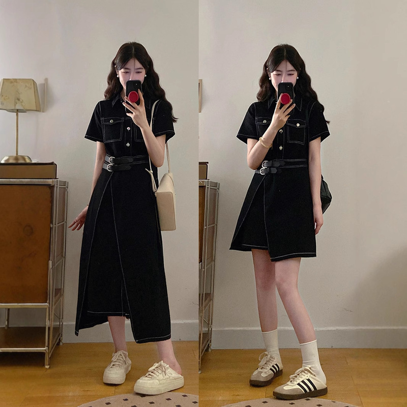 Plus Size Women's Fat mm Hong Kong Style Simple Retro Style One-Piece Waist Slimming Look Dress