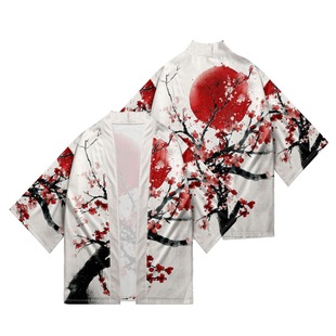 Trendy Summer Kimono Cross-Border Cherry Blossom Print Cropped Shirt Robe Cardigan Loose Men's Haori Kimono