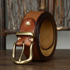 Korean Style Fashion Trend Retro Top-Grain Leather Belt for Men with Copper Buckle - New Casual Denim Work Pants Belt Wholesale