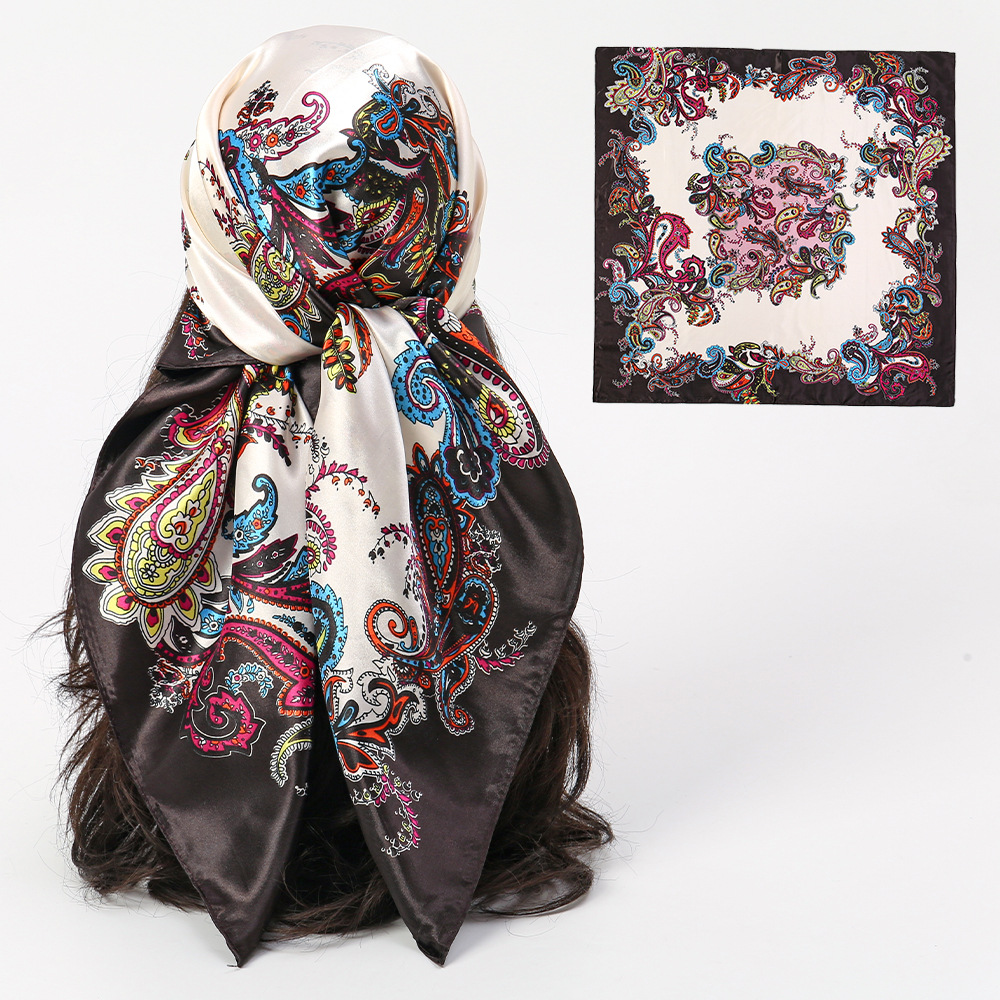 Moda y elegancia 90 satén bufanda cuadrada grande protección solar playa bufanda de seda chal patrón de flor de anacardo de doble uso collar de cinta mujer