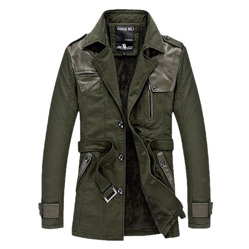 Gabardina para hombre, estilo transfronterizo, forrada de lana y gruesa, corte ajustado, chaqueta de longitud media para otoño e invierno, estilo casual, retro, para comercio exterior.