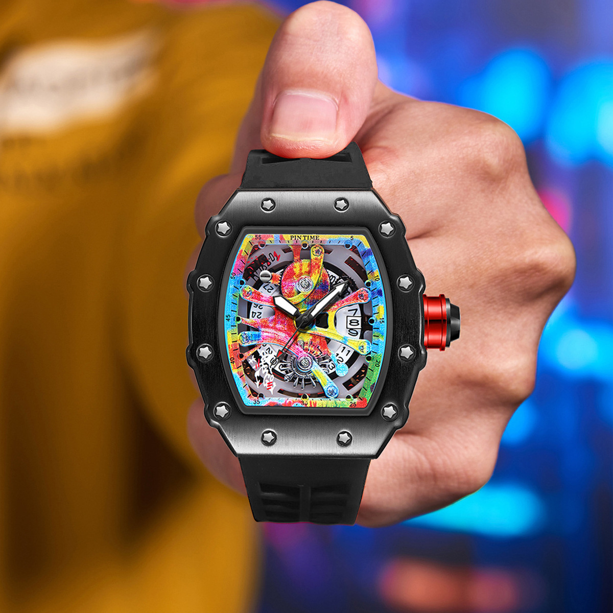 Cross-Border Foreign Trade Wholesale Watch Men's Barrel-Shaped Mechanical Style Graffiti Hollow Quartz Watch High-End Sports Waterproof Watch