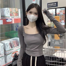 方领短款上衣女2025韩版修身内搭打底衫长袖T恤女潮修身性感内搭