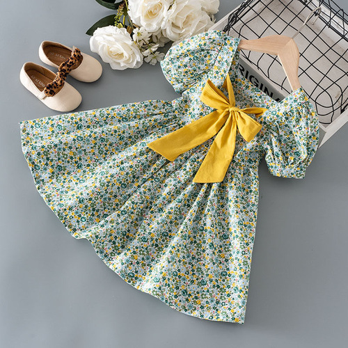 Girls' summer princess dress, baby girl Korean style, stylish middle and small children pure cotton short-sleeved floral dress