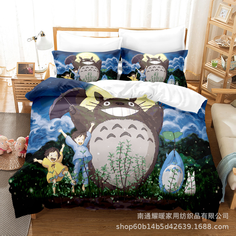 Factory Direct Supply of 3D Digital Printed Brushed Bedding Four-Piece Set of Three-Piece Set of Totoro Bed Sheetss, Quilt Pillows