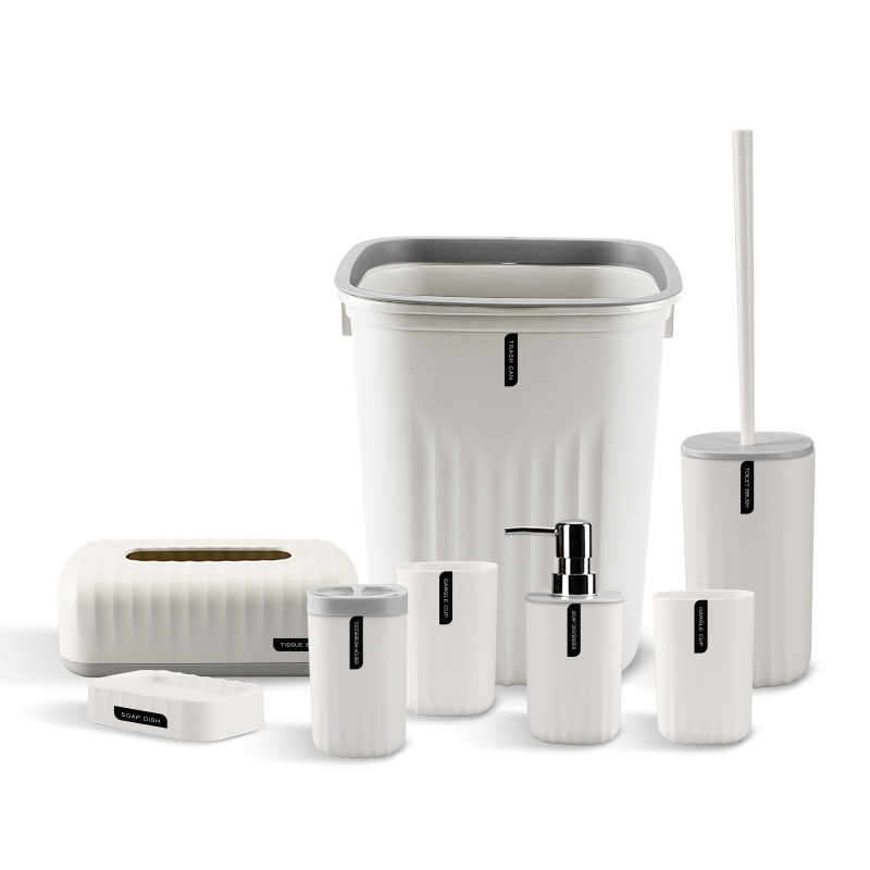 Lavado de baño patrón onda simple color sólido kit enjuague bucal taza cepillo dientes jabón caja plástico ocho piezas traje