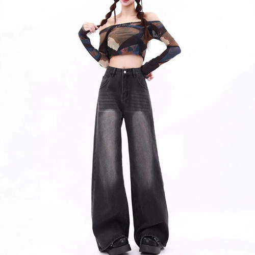Women's Straight Leg Retro Black and Grey High-Waisted Skinny Jeans with Distressed Effect, Showcasing 2025 New Arrival