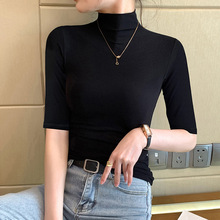 半高领中袖打底衫女春秋2025新款内搭薄款中领T恤半袖上衣