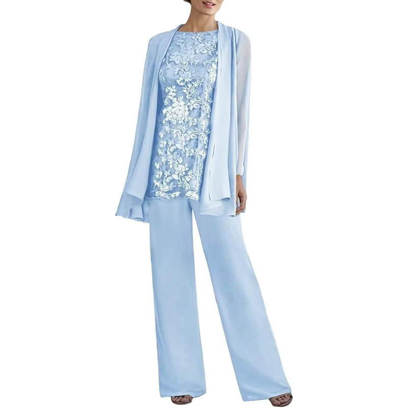 Amazon Women's 3-Piece Plus Size Women's Wedding Guest Pants Lace Chiffon Suit Dress Long Sleeve Cardigan