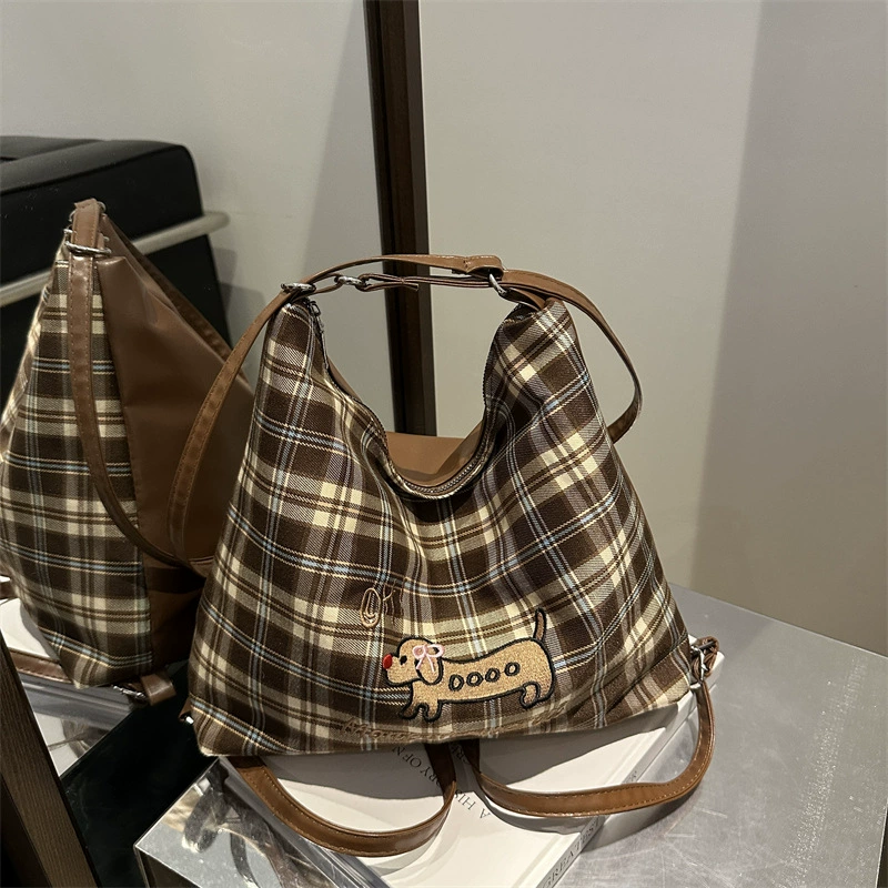 Capacious Convertible Shoulder Bag Backpack, Plaid Pattern with Embroidered Motif, Spacious