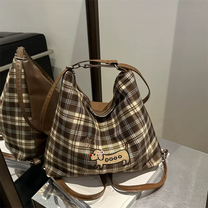Capacious Convertible Shoulder Bag Backpack, Plaid Pattern with Embroidered Motif, Spacious