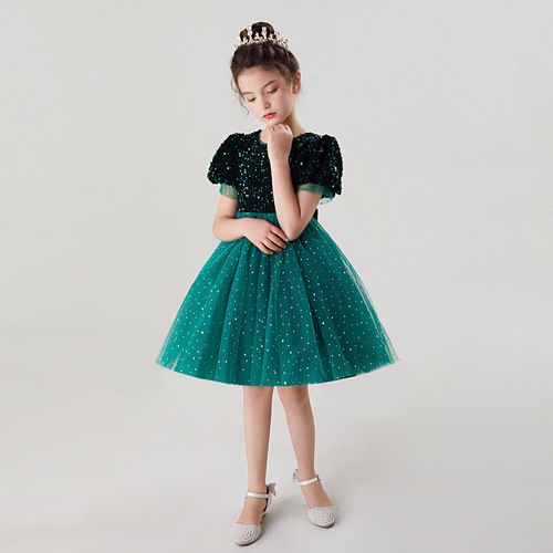Little Girls' Short Sleeve Formal Dress Evening Gown Sequin Net Overlay Puffed Skirt Short Princess Dress Sweet Performance Host Program