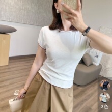泽黛佳伊miu系小花边T！专机刺绣撞色线条简约修身显瘦短袖上衣夏