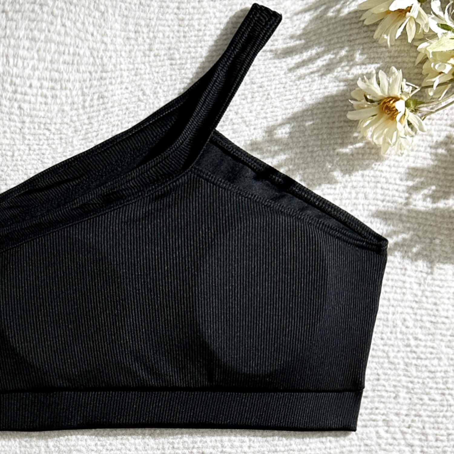 One-shoulder Split Sunken Stripe High Waist Swimsuit