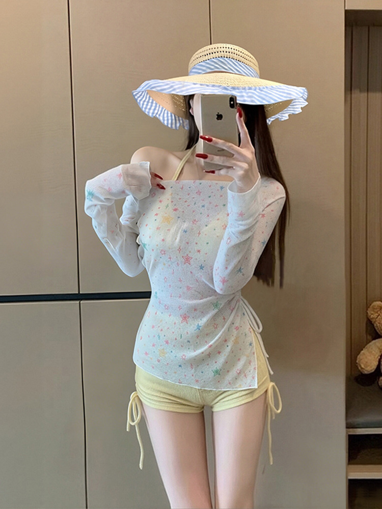 Traje de Baño Dividido de Tres Piezas para Mujer de Poliéster, Protector Solar, Manga Larga