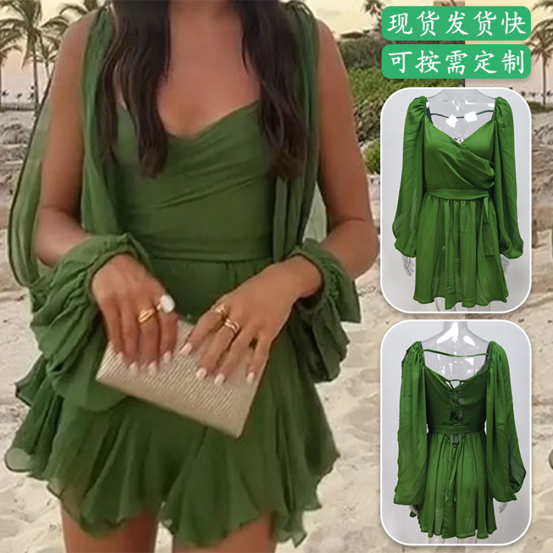 2026 European and American cross-border women's clothing: beach vacation style wrap V-neck dress with ruffled sleeves, cinched waist, and ruffled hem 2026 European and American cross-border women's clothing: beach vacation style wrap V-neck dress with ruffled sleeves, cinched waist, and ruffled hem
