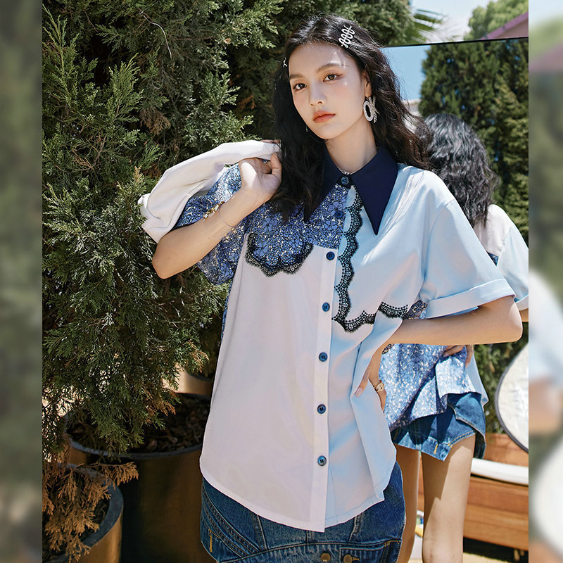Korean Style Design Blue Loose Splicing Shirt ~ Age-Reducing Lace Top, Easy to Wear and Not Picky Sg3528