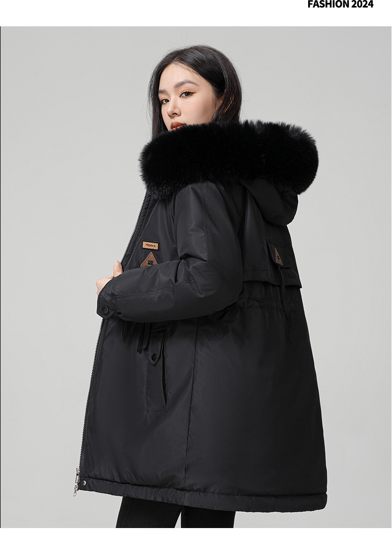 2024 foreign trade overcomes women's winter new Korean version waist cinching slimming hooded big fur collar cotton_voghion.com