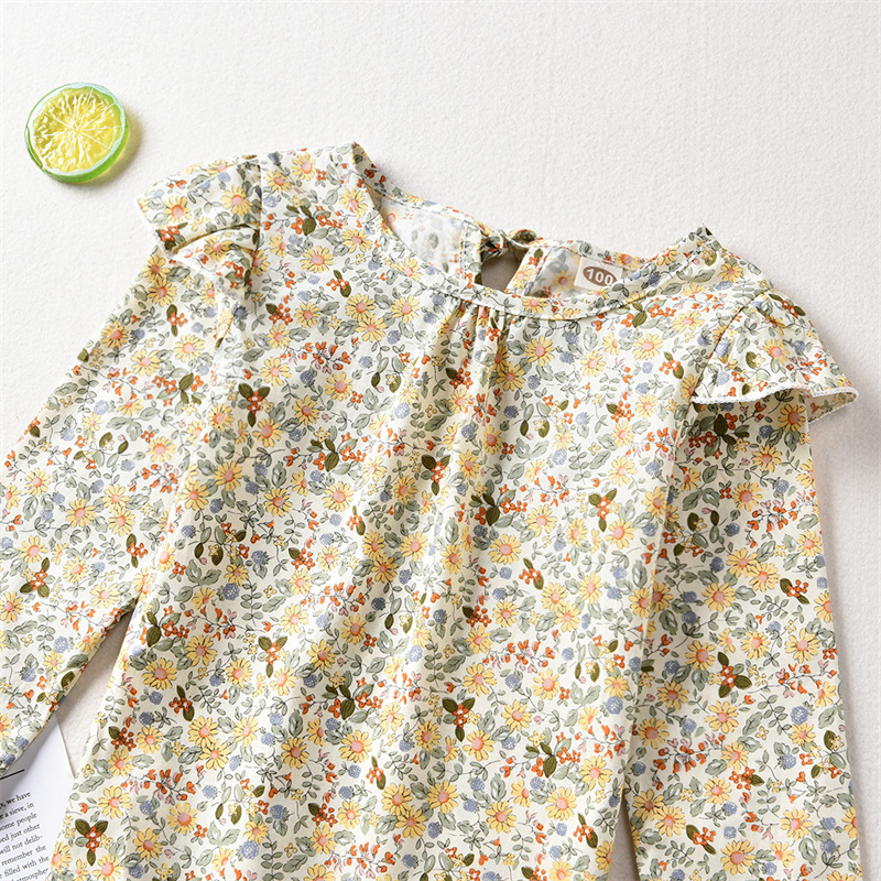 Pastoral Style Floral Long-sleeved Blouse Girls Green Suspenders Trousers display picture 8