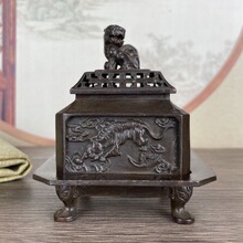 仿古浮雕熏炉四兽香炉家用室内摆件狮盖方型熏香炉四兽三体炉摆件