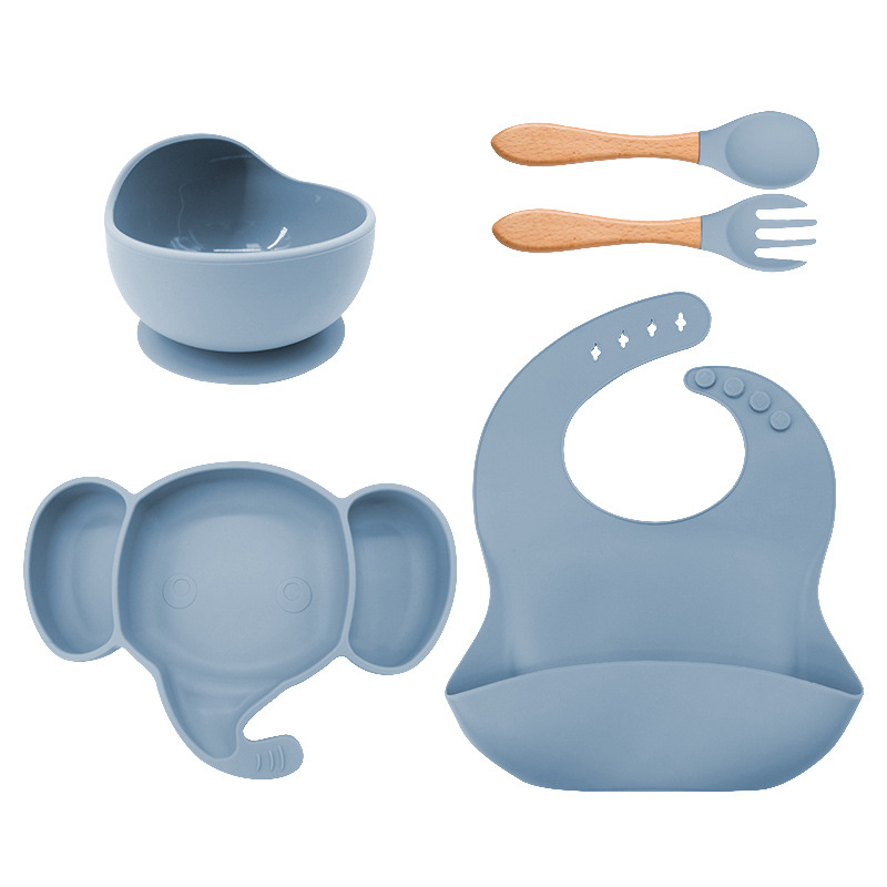 Plato de cena de silicona para niños tenedor cuchara traje de babero suministros maternos e infantiles traje de vajilla de alimentación infantil de grado alimenticio de silicona