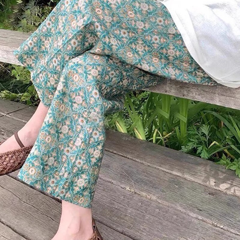 Summer Cotton Pants for Outdoor Wear, Home Sleepwear, Casual Nine-Point Retro Wide-Leg Pants, Straight Loose Cool Long Pants for Women Summer Cotton Pants for Outdoor Wear, Home Sleepwear, Casual Nine-Point Retro Wide-Leg Pants, Straight Loose Cool Long Pants for Women