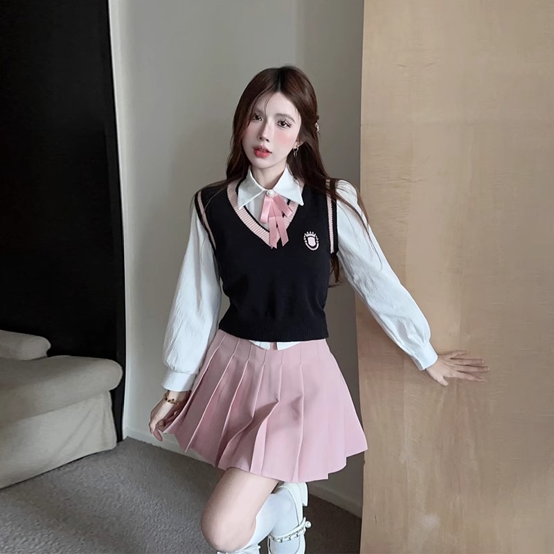 가을 겨울 미국 대학 스타일 JK 유니폼 정장 블라우스 + 니트 조끼와 주름 스커트