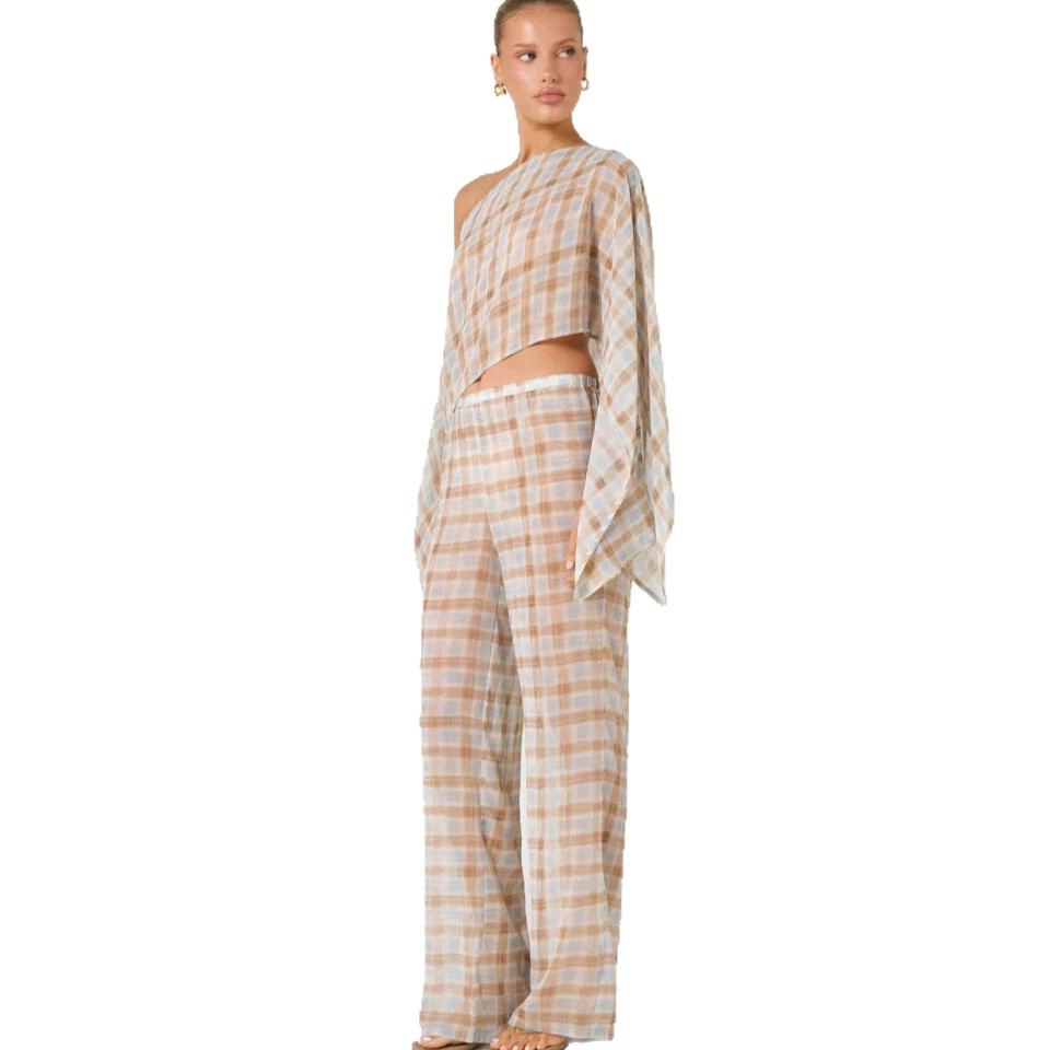 Women's Summer Plaid Sheer Shoulder Raglan Sleeve Top Waist Cinching Casual Straight Leg Trousers Set Style_ecoleips.com