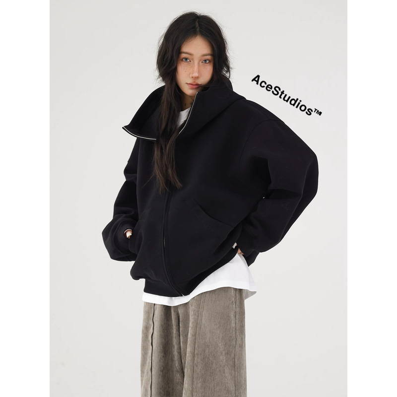 2470# Acestudios  美式复古街头高级感廓形连帽开衫加厚卫衣外套|undefined