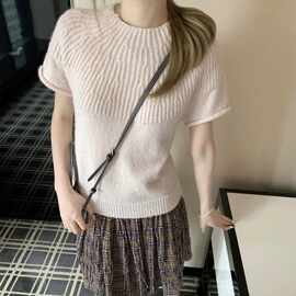 杏粉色针织衫女2026新款软糯毛织短袖韩版显瘦百搭防晒针织衫上衣