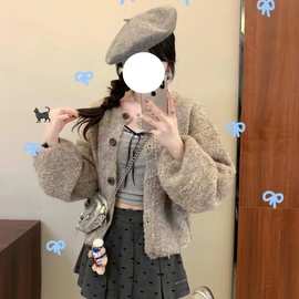 休闲毛茸茸上衣外套圆领显瘦秋冬新款百搭毛衣开衫慵懒风针织短款