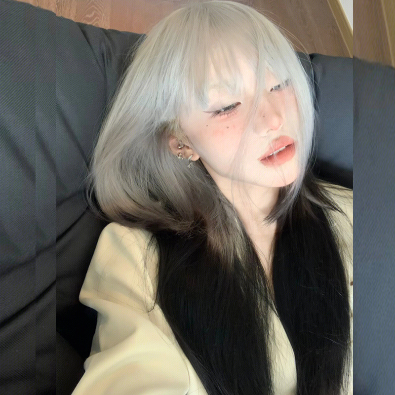Wig Women's Full Headgear Personalized Grey-black Gradient Silver Grey Dye Headgear Korean Women's Gothic Cool Two-tone Mid-long Hair Trendy