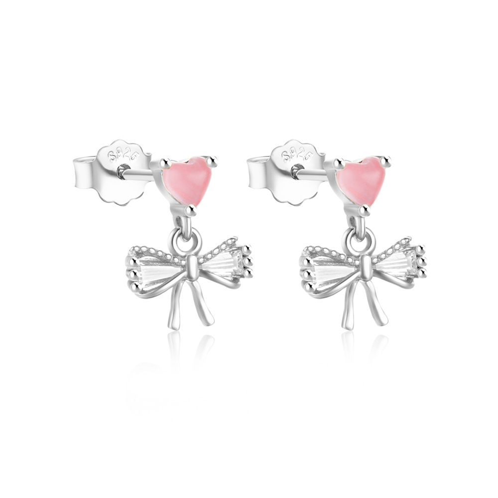 1 Pair Simple Style Heart Shape Bow Knot Plating Sterling Silver Zircon Ear Studs display picture 16