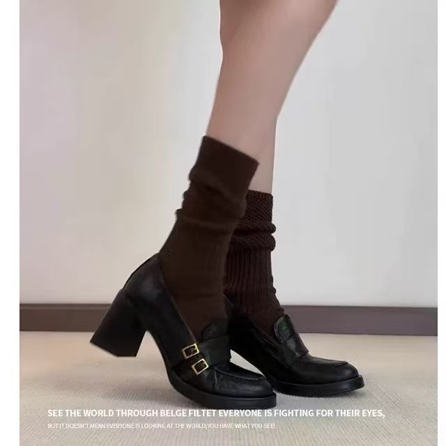 羊皮版~通勤高跟乐福鞋女英伦风复古小皮鞋气质真皮百搭粗跟单鞋|undefined