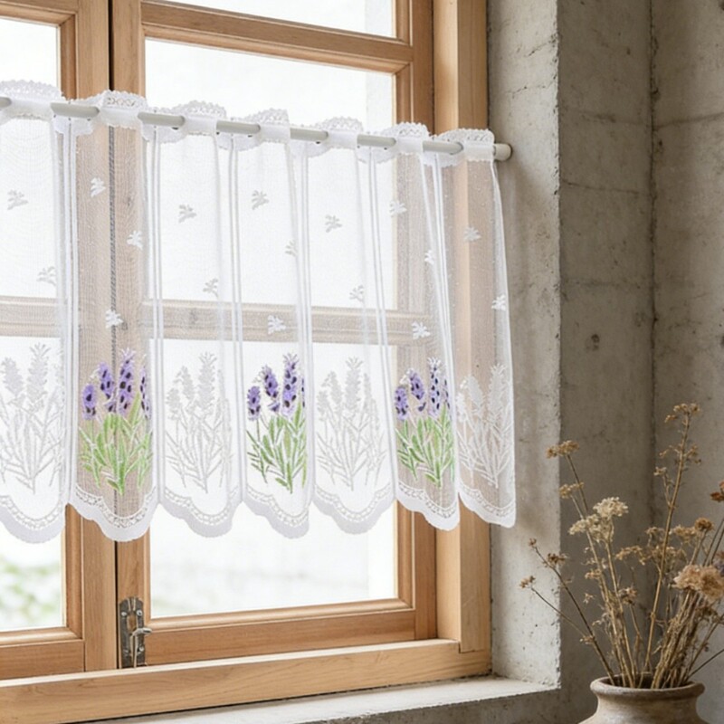 Lavender Short Curtain Rod-Top Sheer Curtain, White Pastoral Style with Small Floral Design, Lace Short Curtain Lavender Short Curtain Rod-Top Sheer Curtain, White Pastoral Style with Small Floral Design, Lace Short Curtain