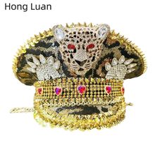 红色宝石水钻铆钉亮片豹子头豹纹跨境欧美个性时尚成人派对海军帽