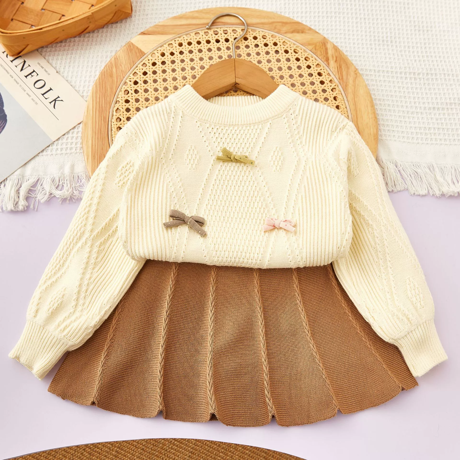 Autumn sweater with bow, knitted long-sleeve, set