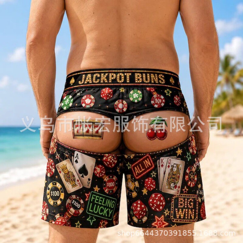 Unique and funny style, men's five-point boxer shorts with drawstring, beach shorts