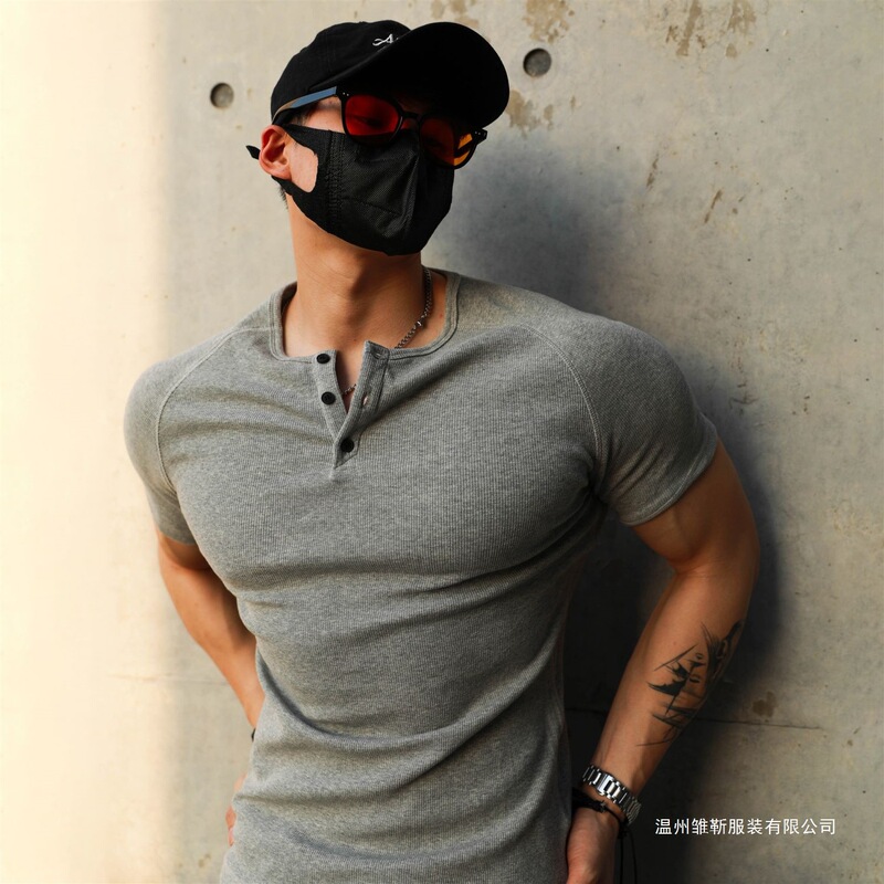Raglan Sleeves, Small Cuffs, Ribbed Henley Shirt, Short-Sleeved Men's Heavyweight Slim-Fit Polo Shirt, Sports Casual Fitness T-Shirt