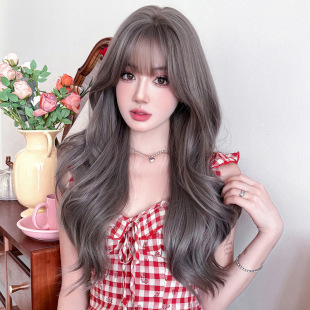 Cross-border New Wig Women's Long Curly Hair Gray Purple Chemical Fiber Full Top Full Head Cover Simulation High Temperature Silk Sleeve Long Hair