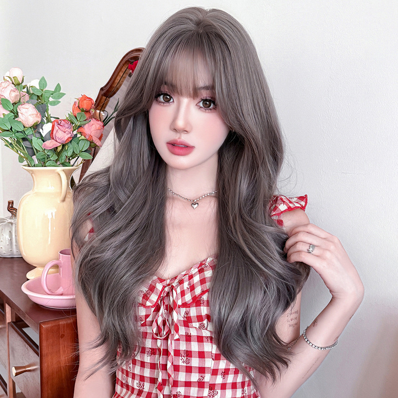 Cross-border New Wig Women's Long Curly Hair Gray Purple Chemical Fiber Full Top Full Head Cover Simulation High Temperature Silk Sleeve Long Hair Cross-border New Wig Women's Long Curly Hair Gray Purple Chemical Fiber Full Top Full Head Cover Simulation High Temperature Silk Sleeve Long Hair