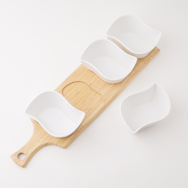 Fabricantes personalizados de frutas secas platos de nueces cuatro cuadrículas apilables hotel estrella creativo nueces semillas de melón nuevo soporte de madera sólida