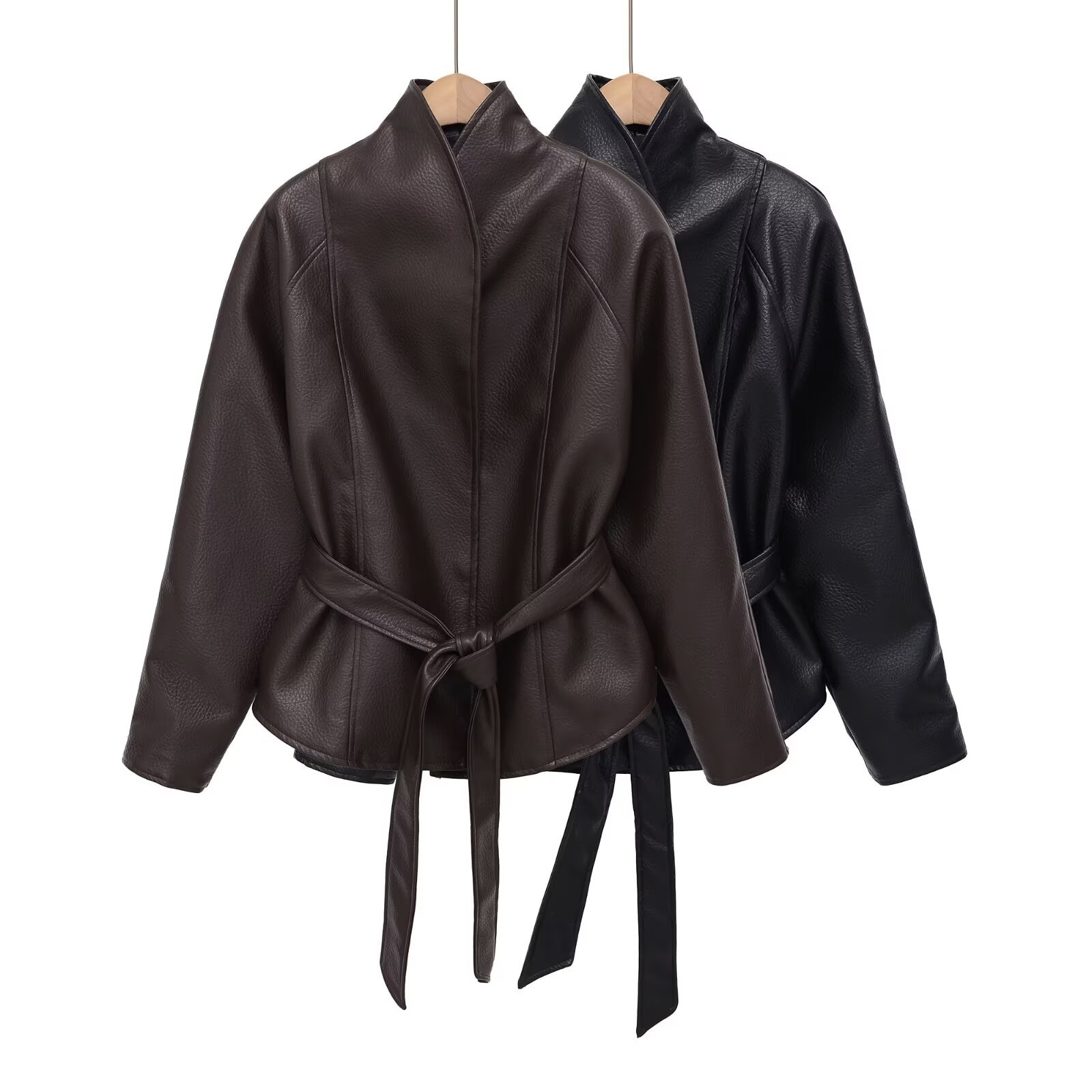 Qadın süni dəri gödəkçə, kəmərli, slim fit