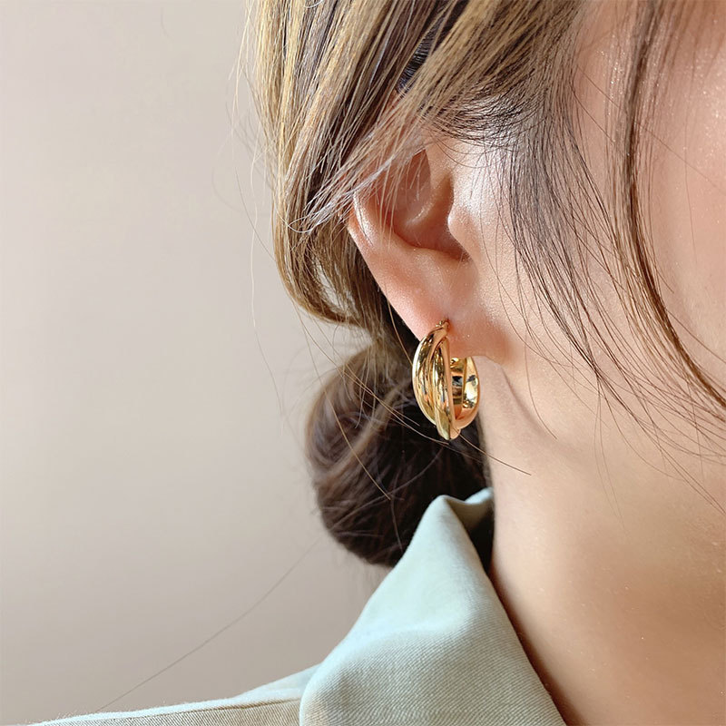 Korean Style S925 Silver Plated Needle Distinctive Geometric Double Layer Cross Circle Earrings Women's Retro Fashion Creative Ear Ring Ear Buckle