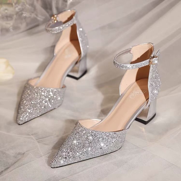 Sequin Hollow One-Strap High Heels Women's 2025 Spring and Summer New Fashion Thick Heel High Heel Toe Sandals Women
