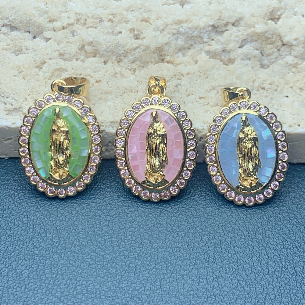 Cross-border new blue green shell Oval Virgin Mary necklace pendant female European and American DIY jewelry accessories