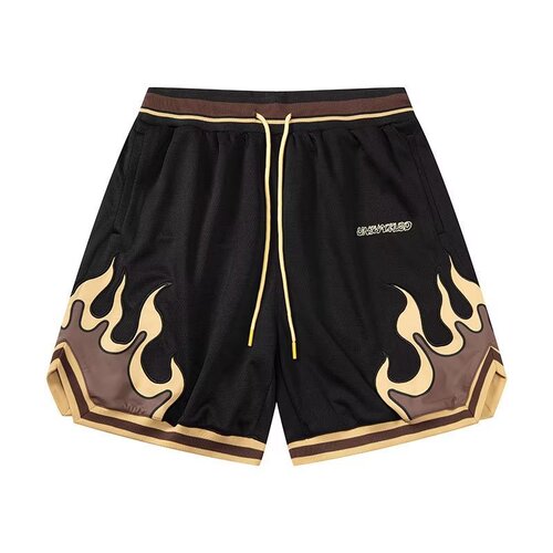 American-style basketball shorts with flame-inspired collaboration—men's knee-length, high-street fitness & casual wear, featuring a breathable, trendy design.