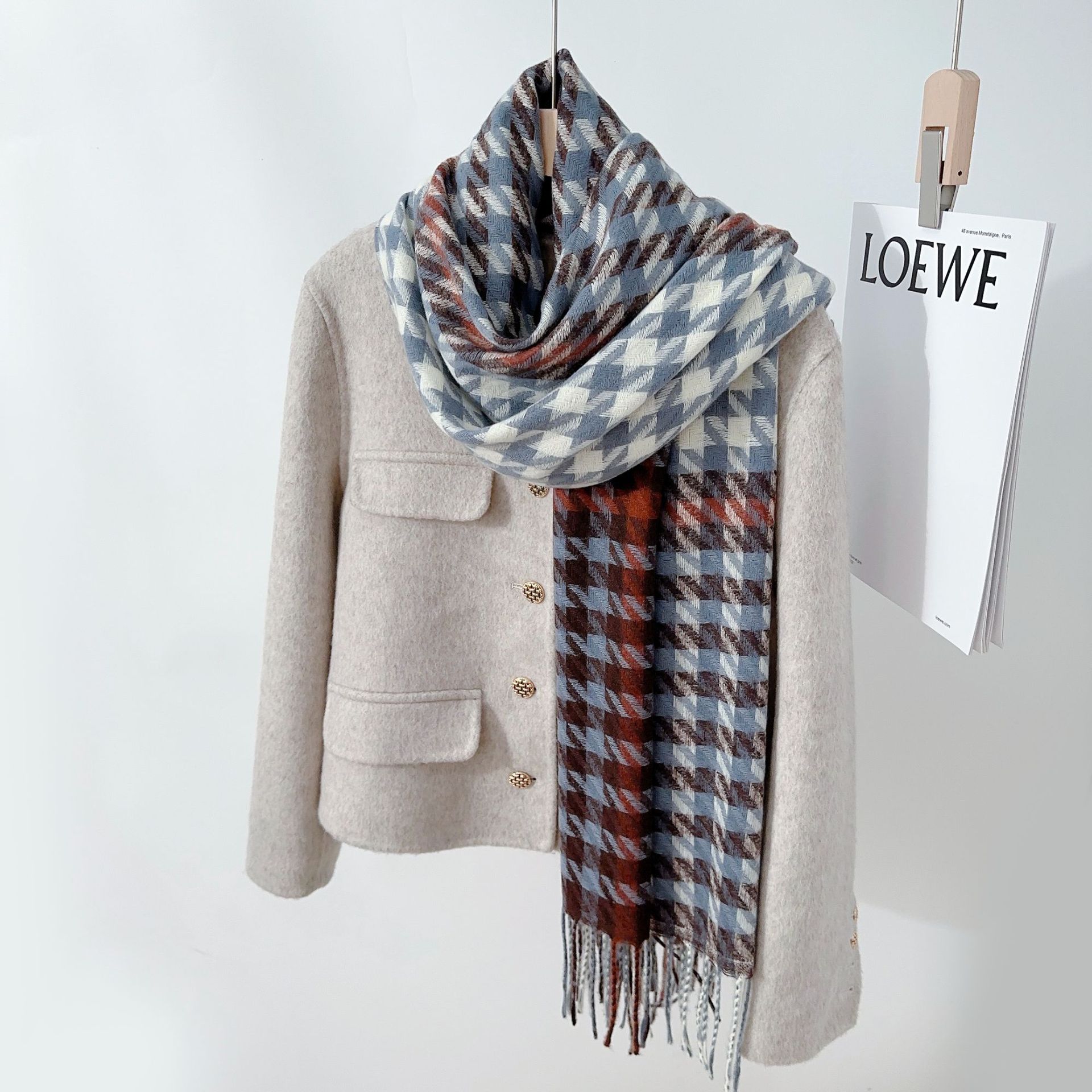Colores contrastantes bufandas de cuadrillas de pájaros mujeres otoño y invierno imitación de cashmere coreana versátil estudiantes gruesos collar calentamiento velo sopa image 8