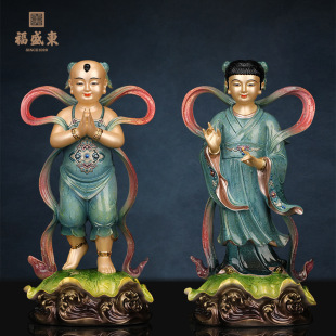 Bronze Statues of a Boy and a Girl, a Pair of Golden Boy and Jade Girl Figurines for Home Use, Offering Wealth and Prosperity, Boy and Girl Dragon Goddess Statues