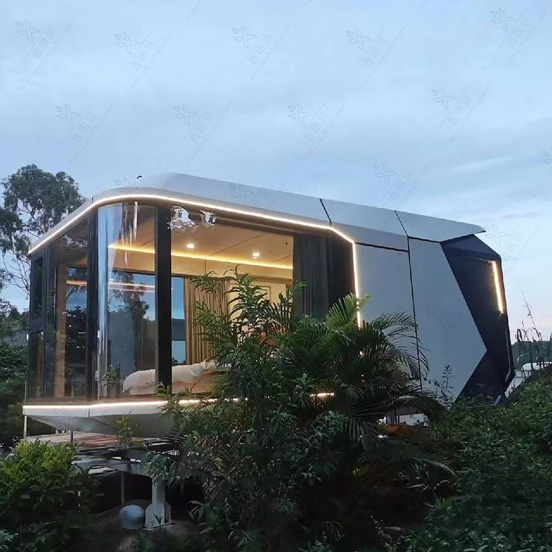 Casa de residencia escondida fuera del mundo, campamento de fama en línea, casa integrada de cápsula futura, casa de aluminio de techo de estrellas móviles